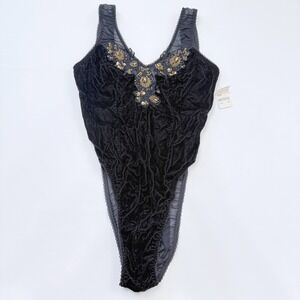 Vintage Crushed Velvet‎ Bodysuit Size S/M? Sheer Back Retro Vamp Pinup Goth Glam